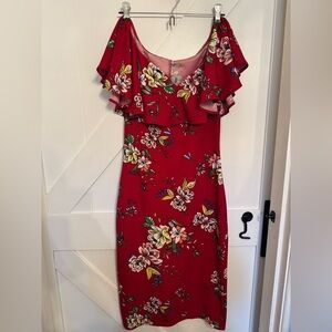 Unique Vintage Red Ruffled Off the Shoulder Retro Midi Dress